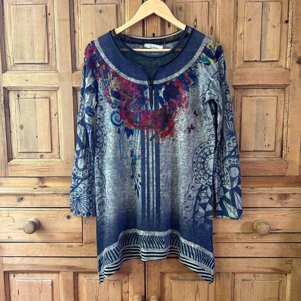 Variations Small / Medium Printed Blue Gray Tunic Blouse‎ Top